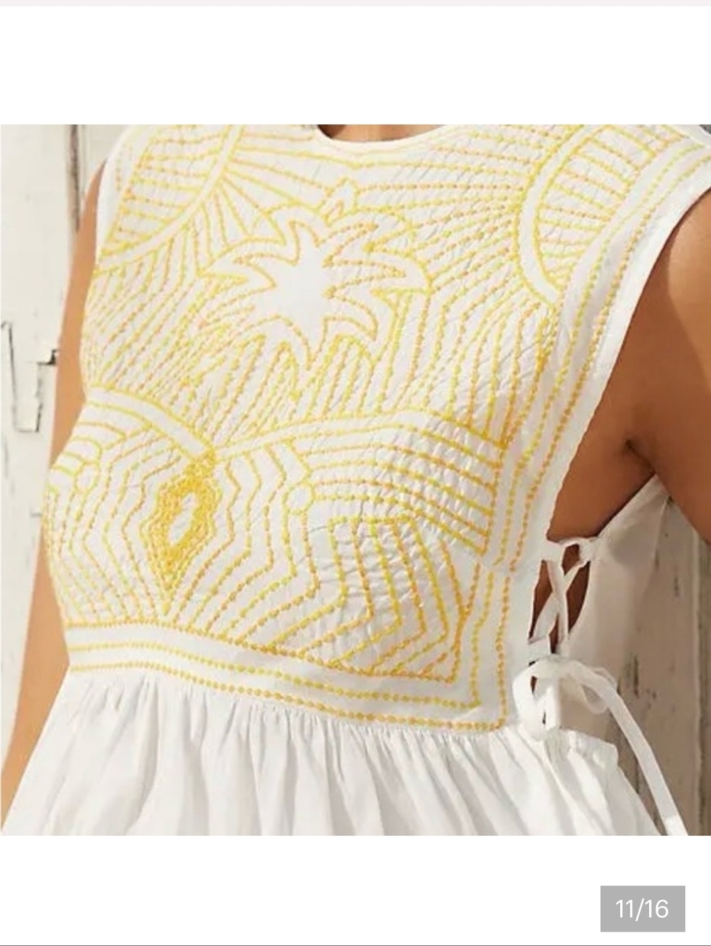 Anthropologie For Celadine White Sleeveless Top with Yellow Embroidered Bodice